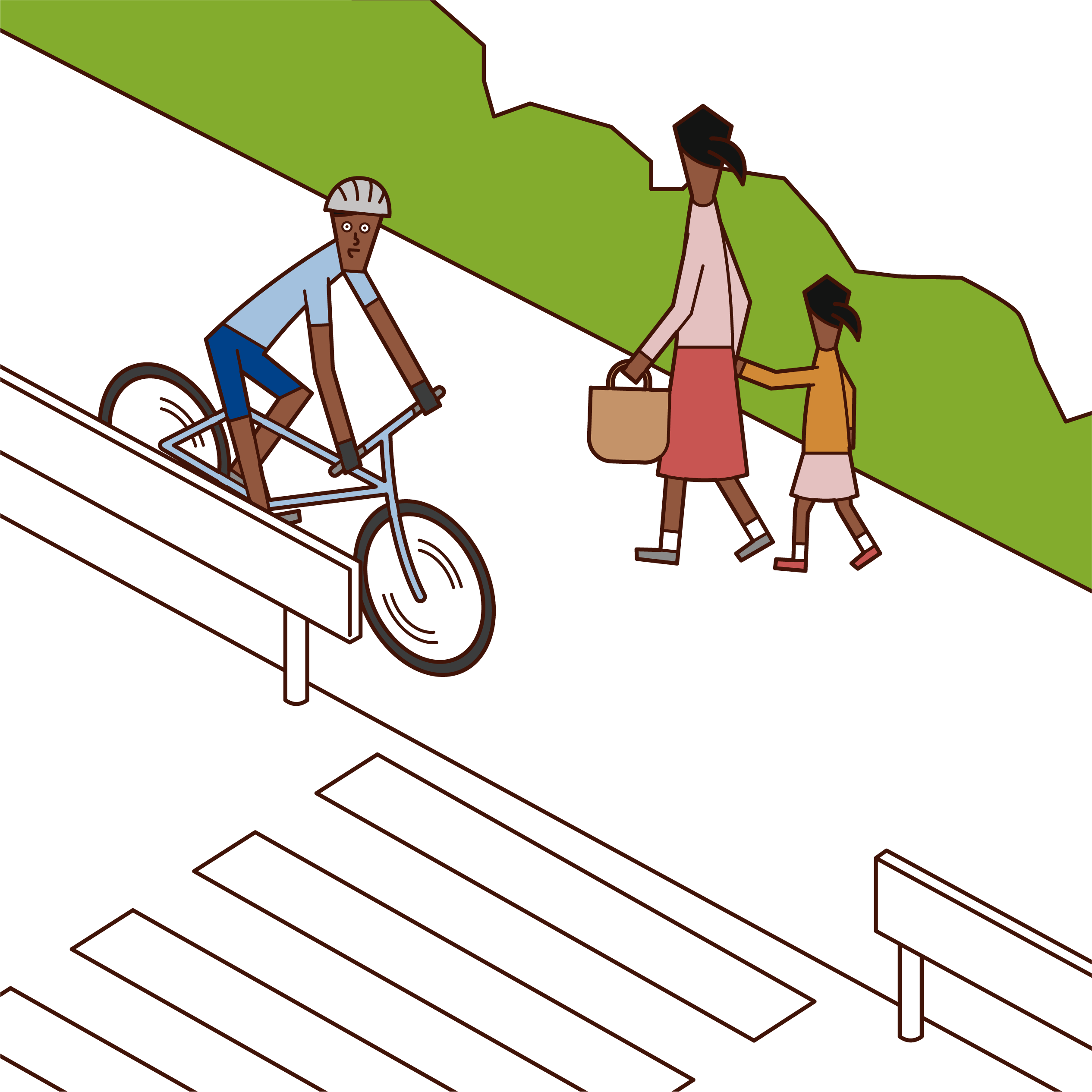 Illustration of a cyclist (male) driving on a sidewalk in priority for pedestrians