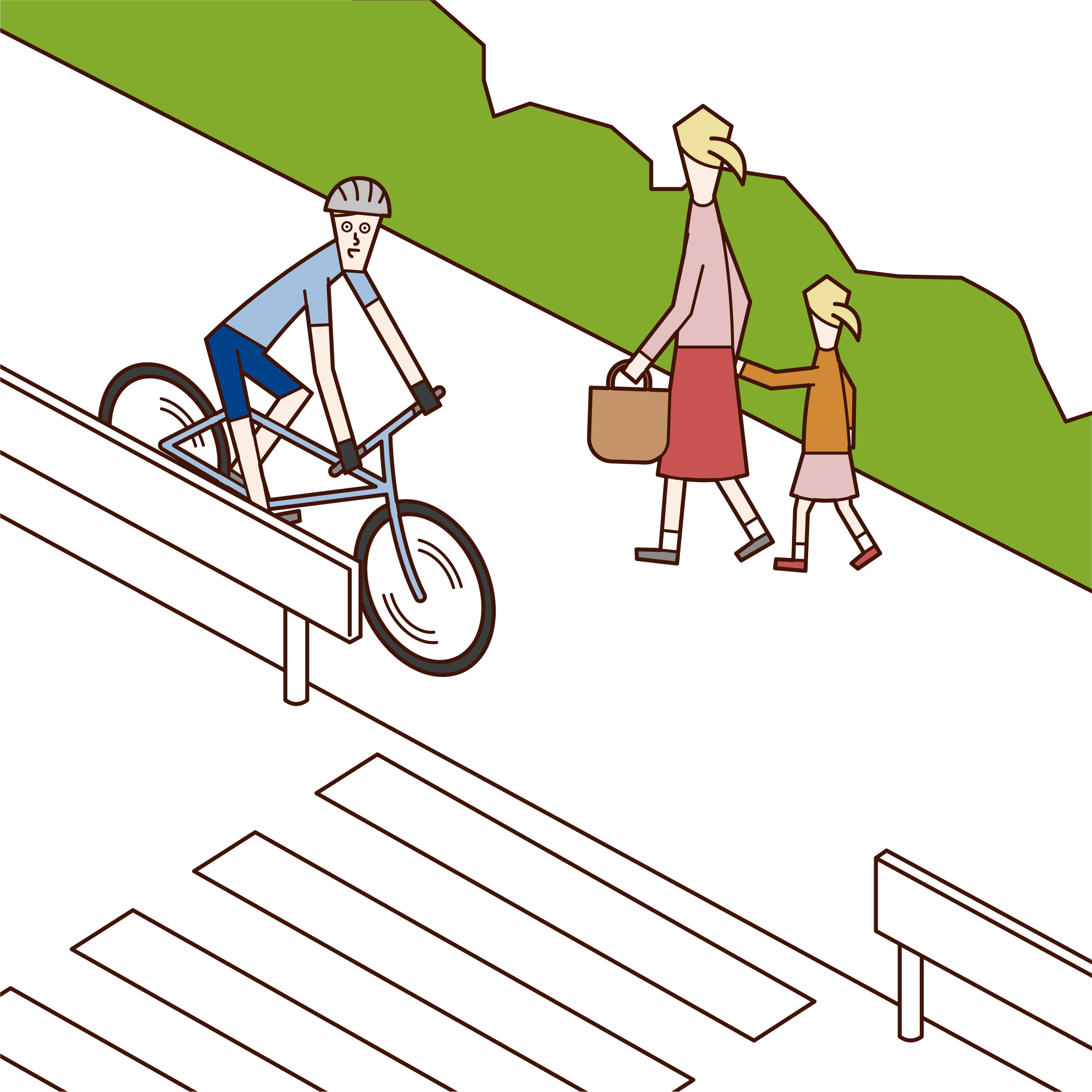 Illustration of a cyclist (male) driving on a sidewalk in priority for pedestrians