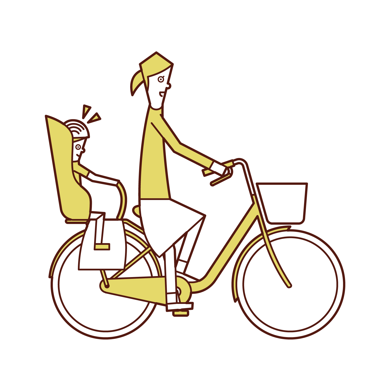 Illustration of a woman riding a bicycle with a child wearing a helmet