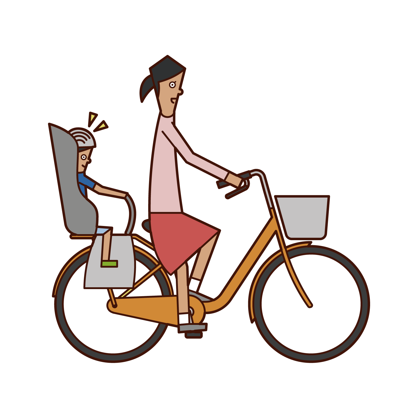 Illustration of a woman riding a bicycle with a child wearing a helmet