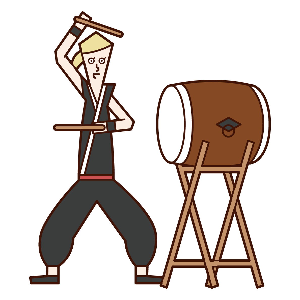 和太鼓を演奏する人（女性）のイラスト