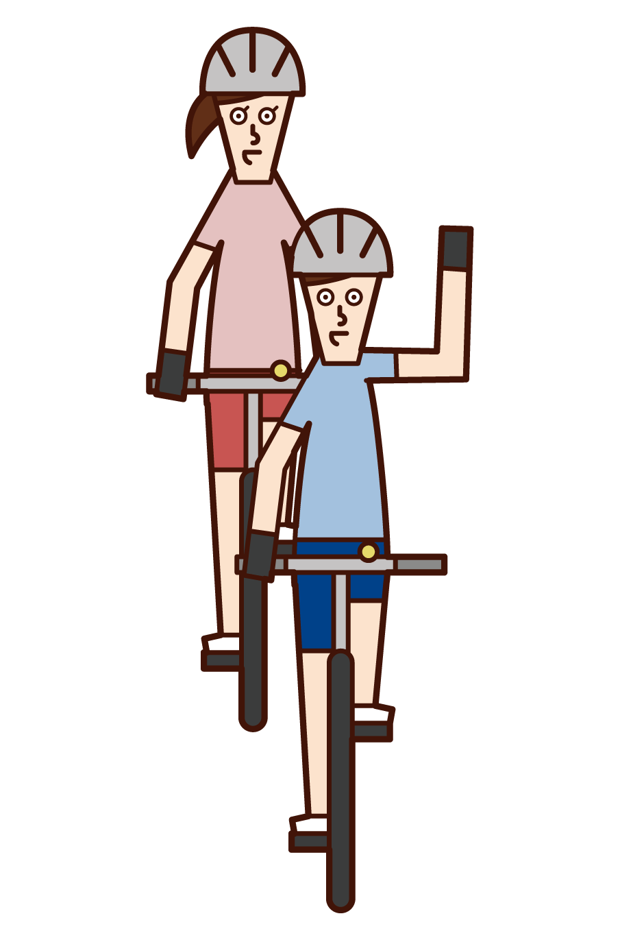 Illustration of a bicycle hand signal and a woman who has you go ahead