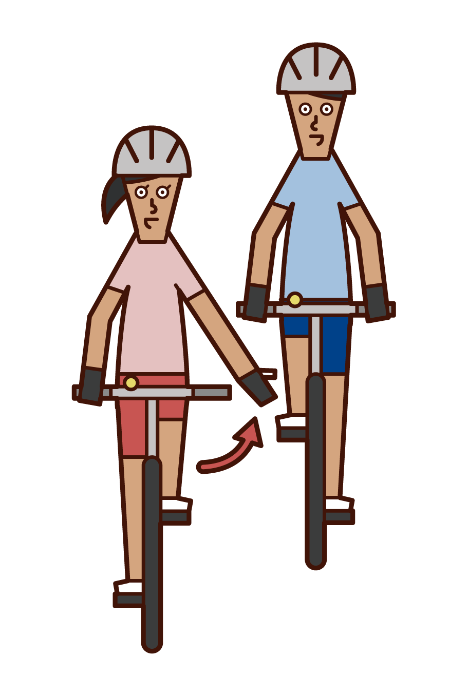 Illustration of a bicycle hand signal and a woman who has you go ahead