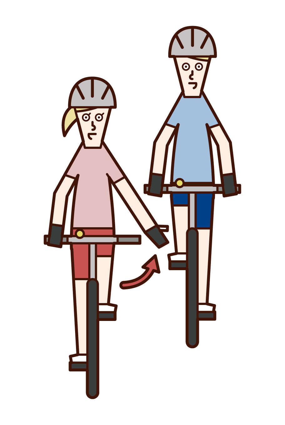 Illustration of a bicycle hand signal and a woman who has you go ahead