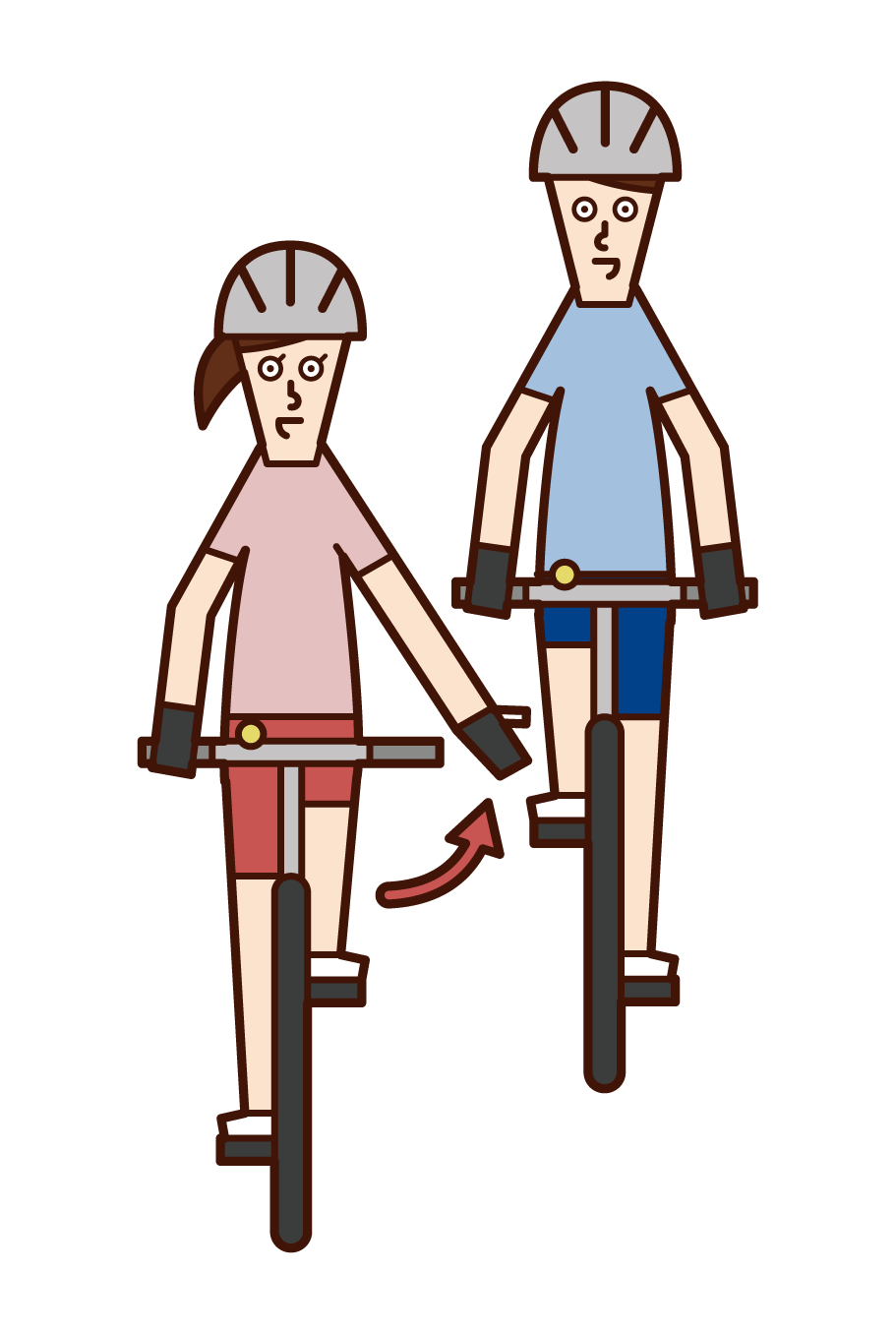 Illustration of a bicycle hand signal and a woman who has you go ahead