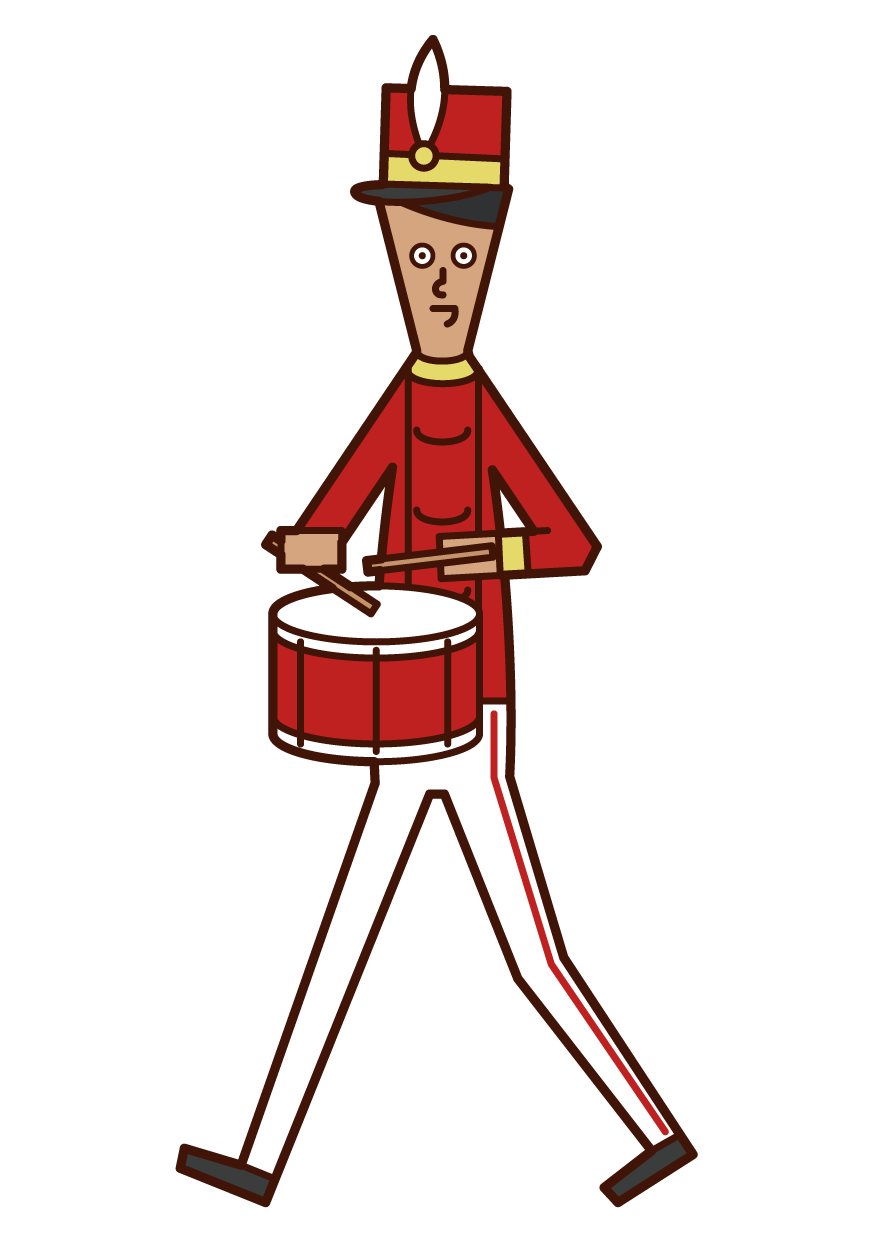 Illustration of a marching band player (male) playing a small drum