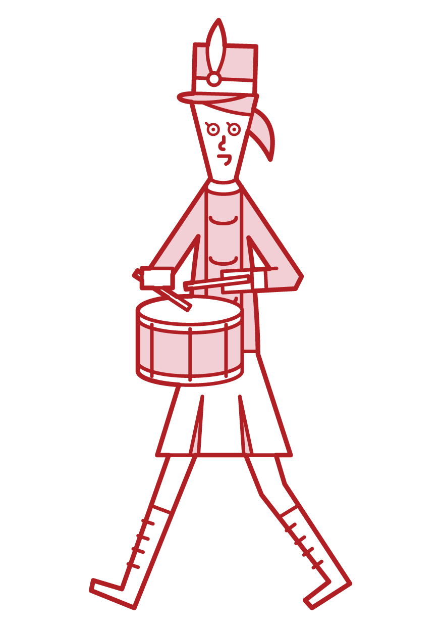 Illustration of a marching band player (female) playing a small drum