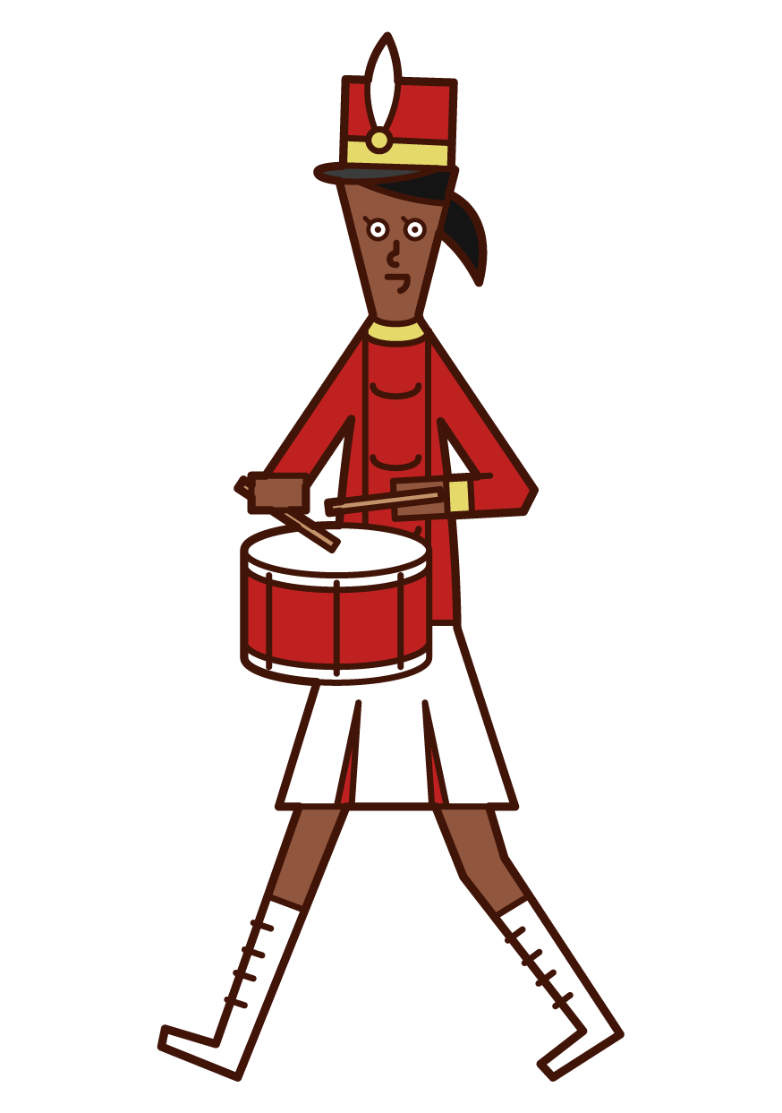 Illustration of a marching band player (female) playing a small drum