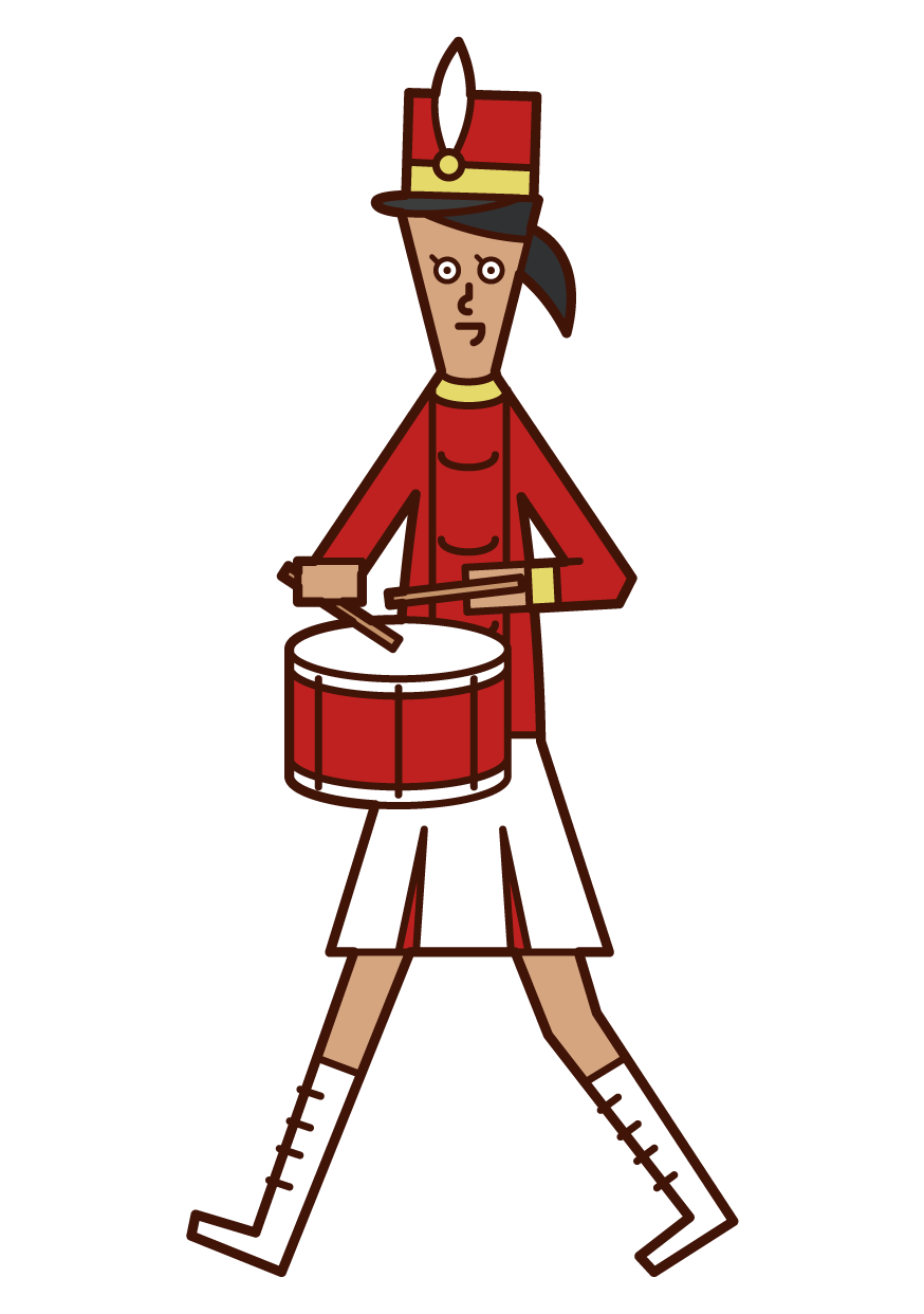 遊行樂隊演奏小鼓的表演者（女性）的插圖