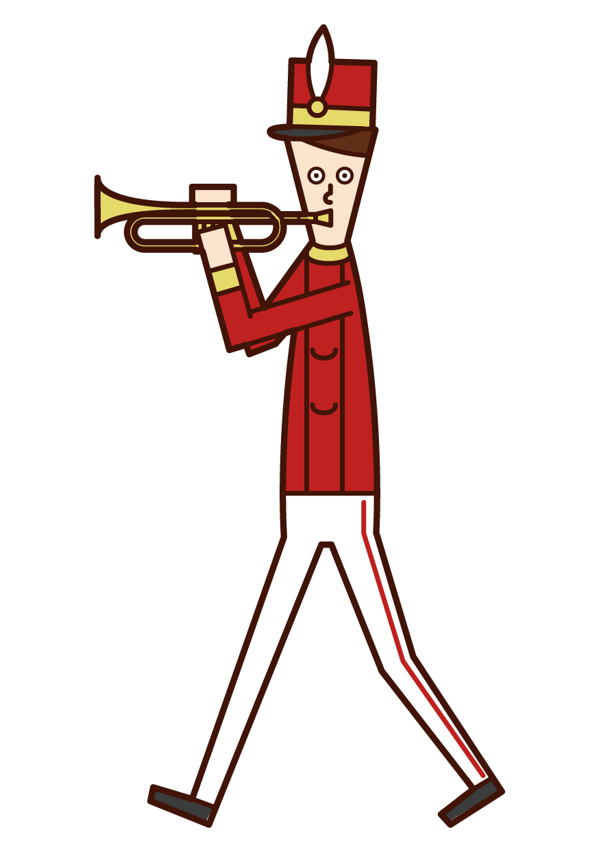 Illustration of a marching band player (male) playing a trumpet
