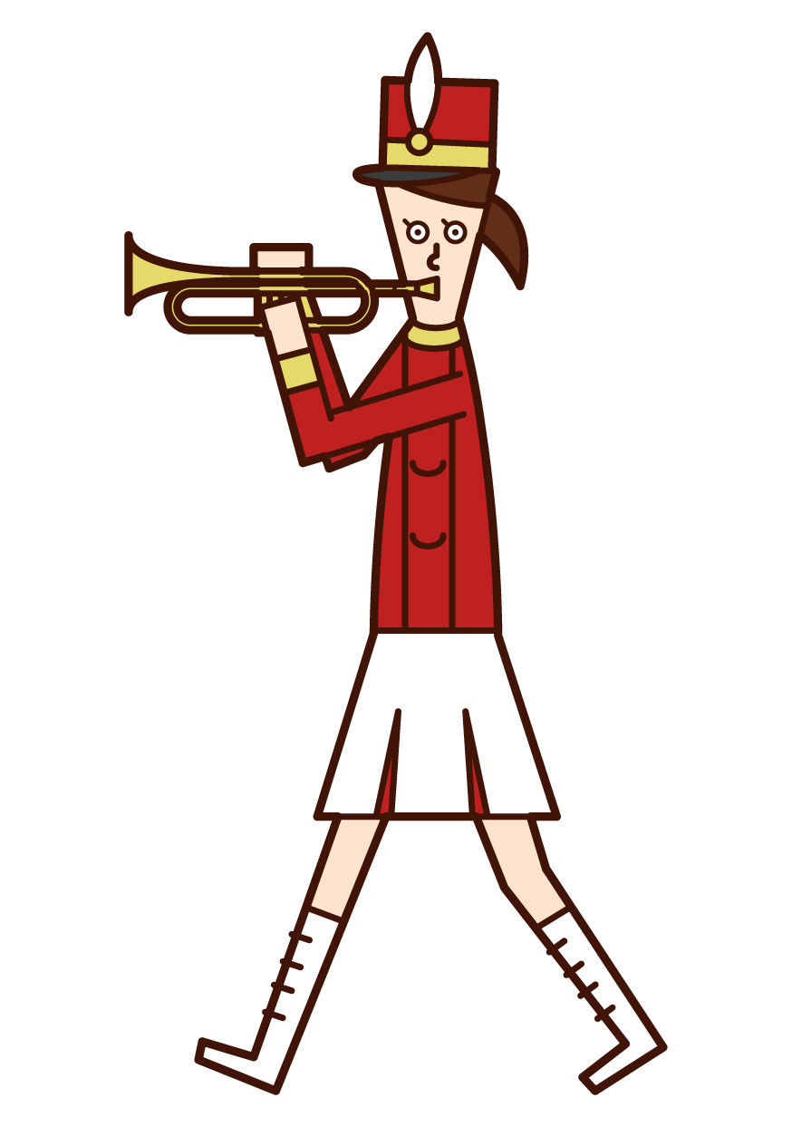 トランペットを演奏するマーチングバンドの奏者（女性）のイラスト