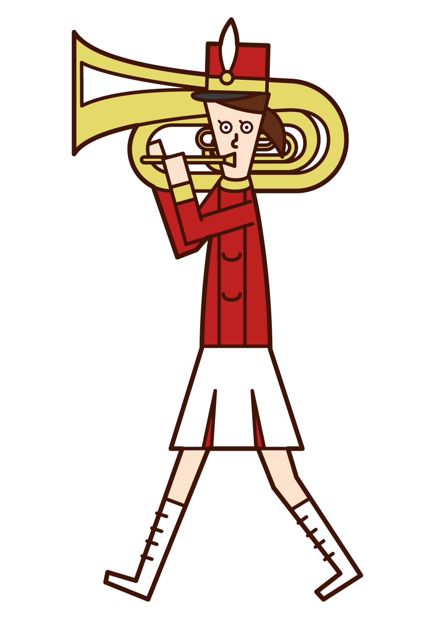 Illustration of a marching band player (female) playing a tuba