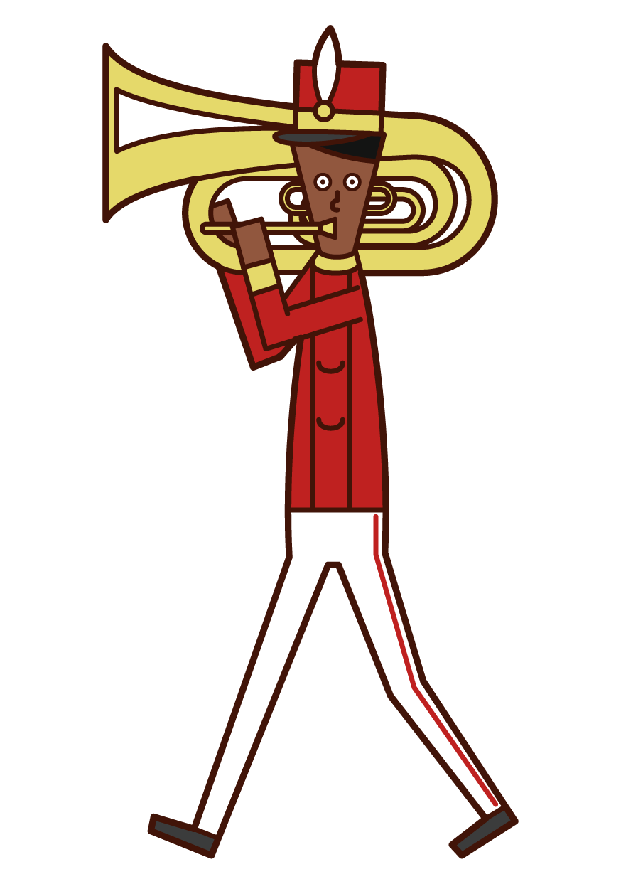 Illustration of a marching band player (male) playing a tuba