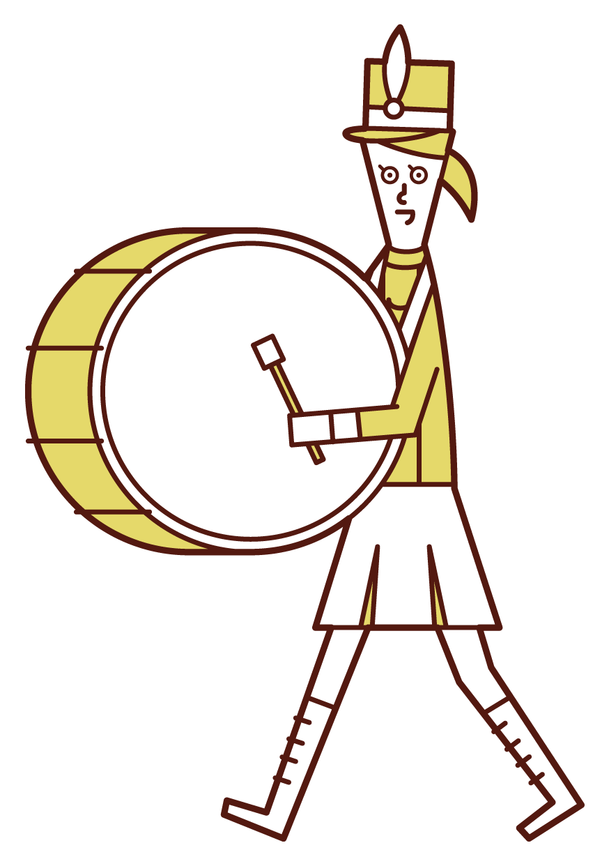Illustration of a marching band player (woman) playing a large drum