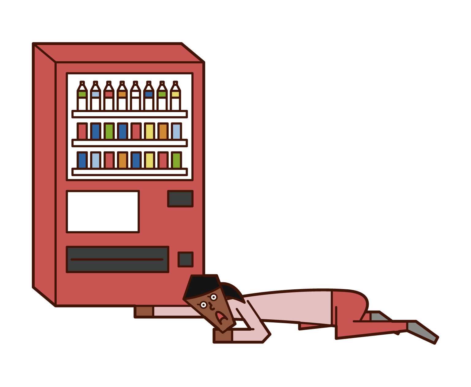 在自動售貨機下尋找錢的人（女性）的插圖