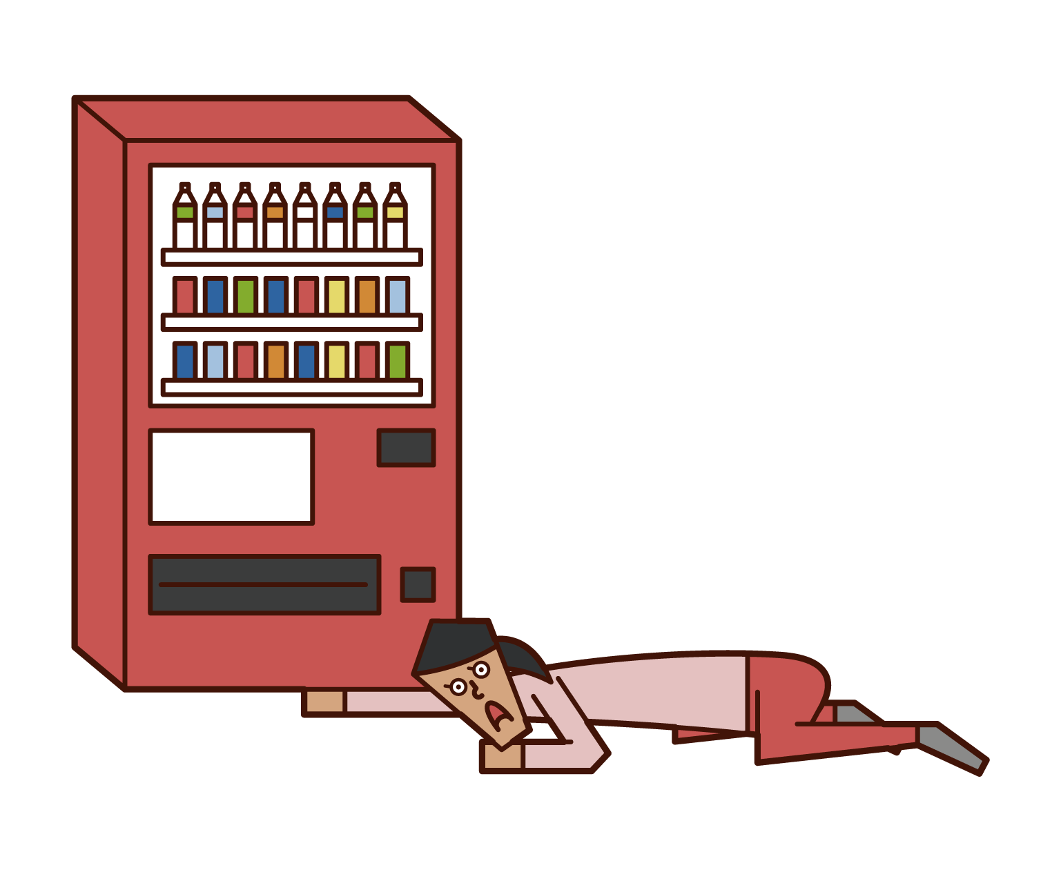 Illustration of a woman looking for money under a vending machine