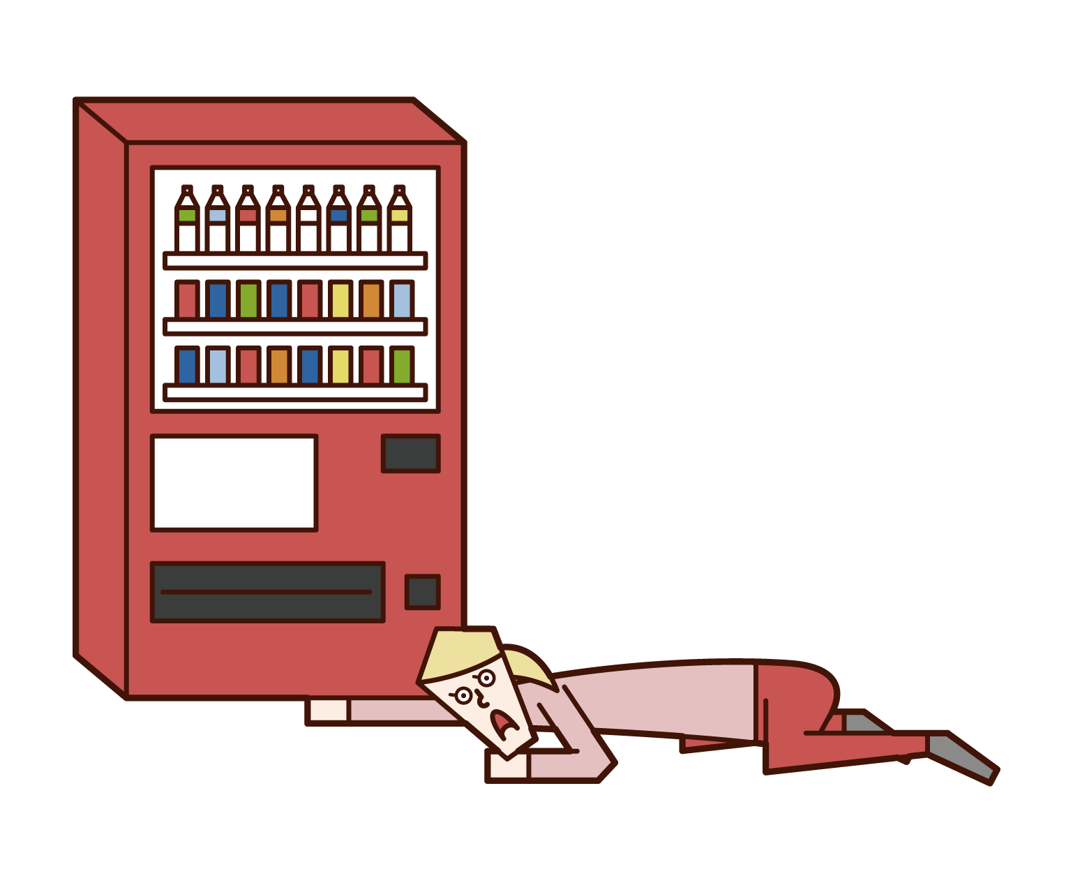 自動販売機の下のお金を探す人（女性）のイラスト