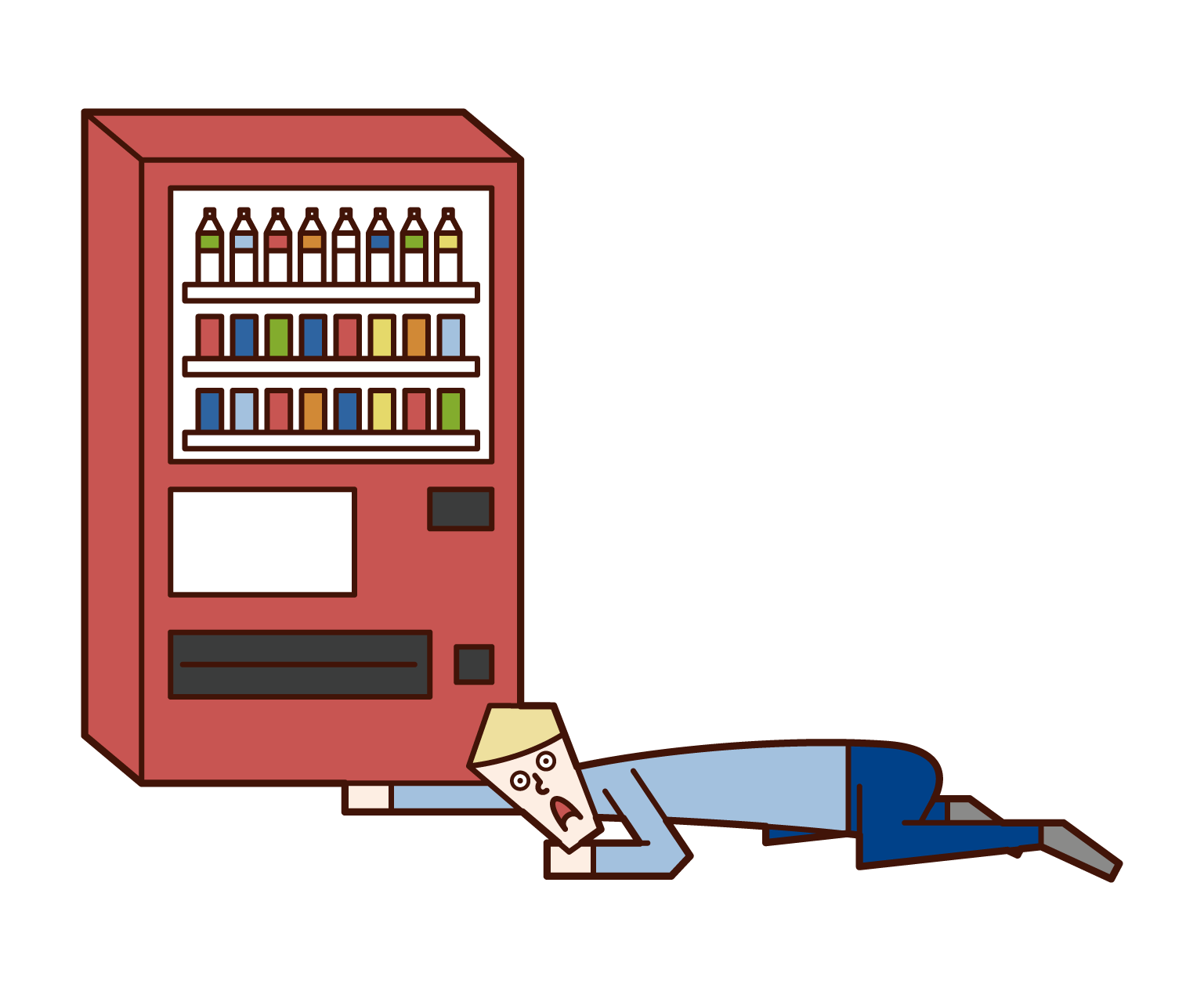Illustration of a man looking for money under a vending machine