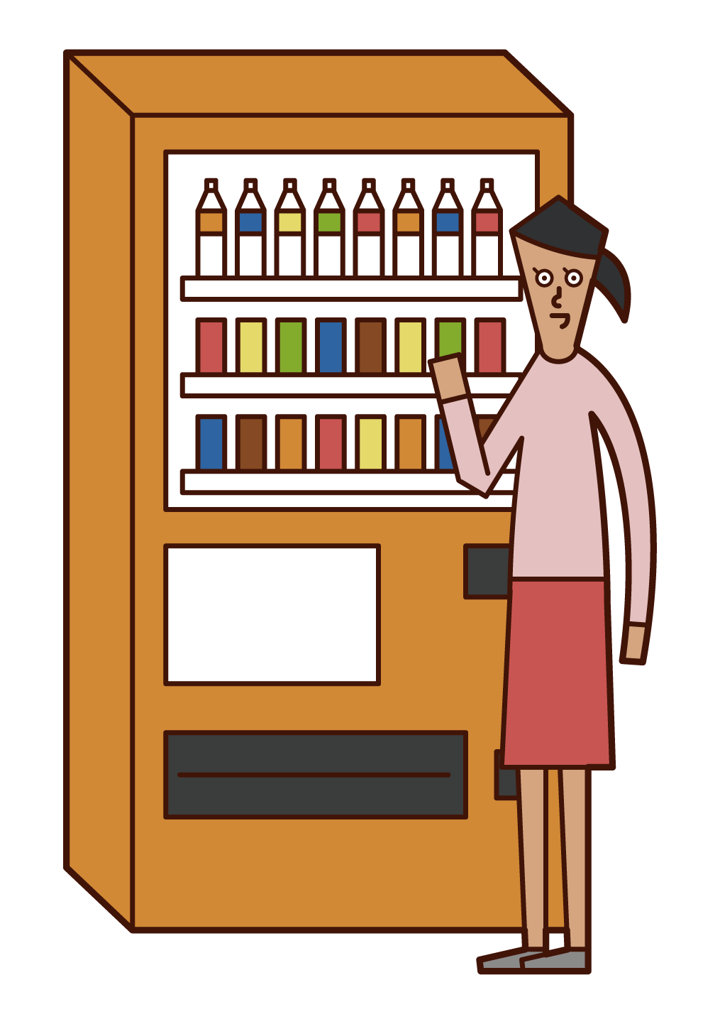 自動販売機で飲み物を買う人（女性）のイラスト