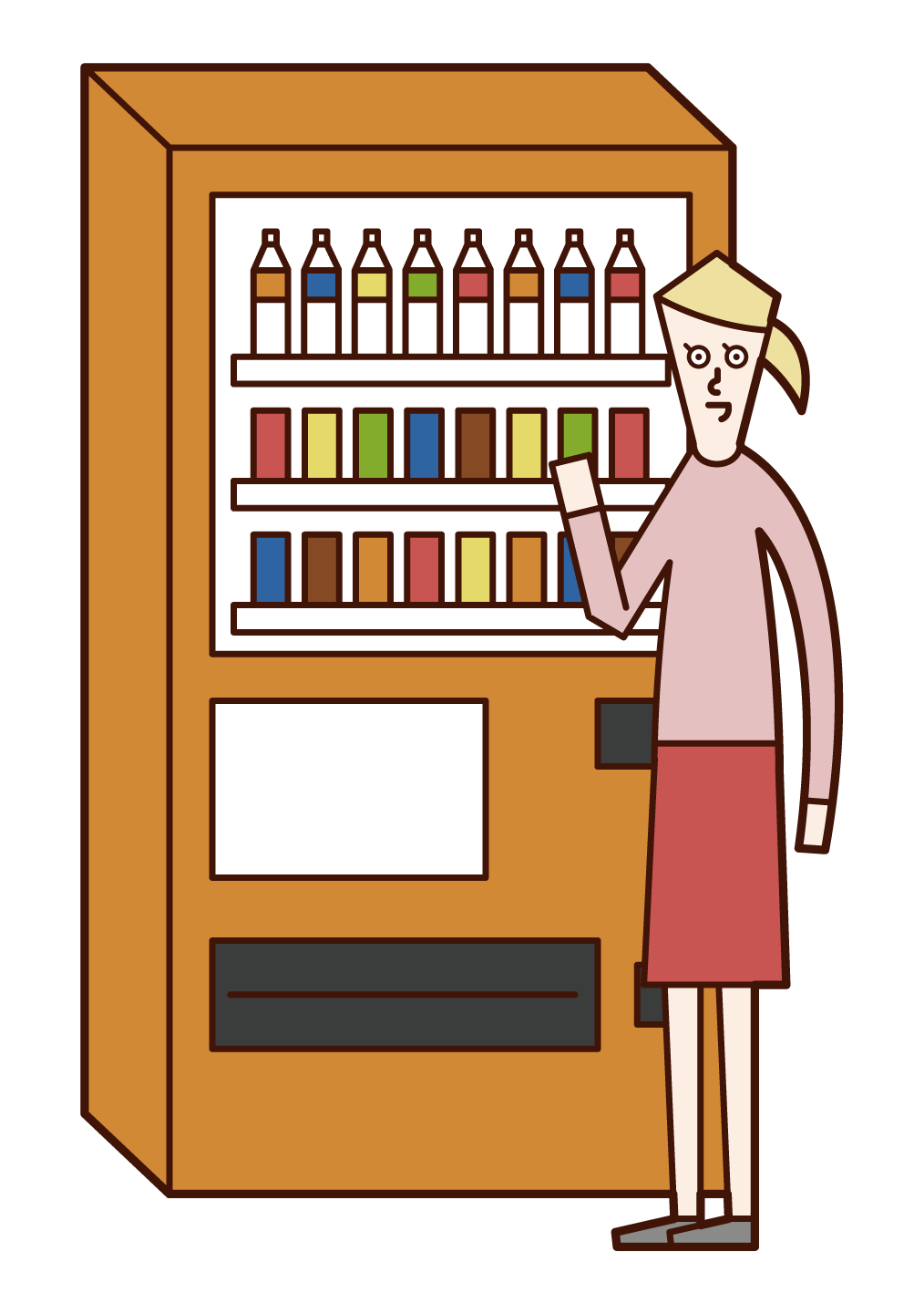 자동판매기에서 음료를 구입한 사람(여성)의 일러스트
