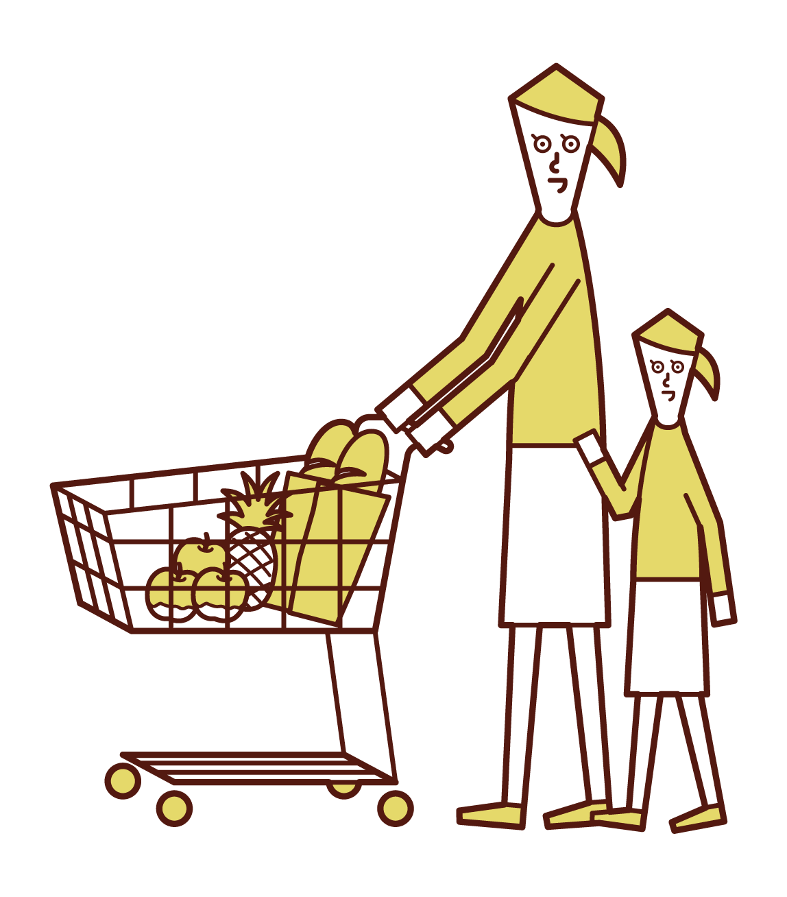 在超市購物的父母和孩子插圖