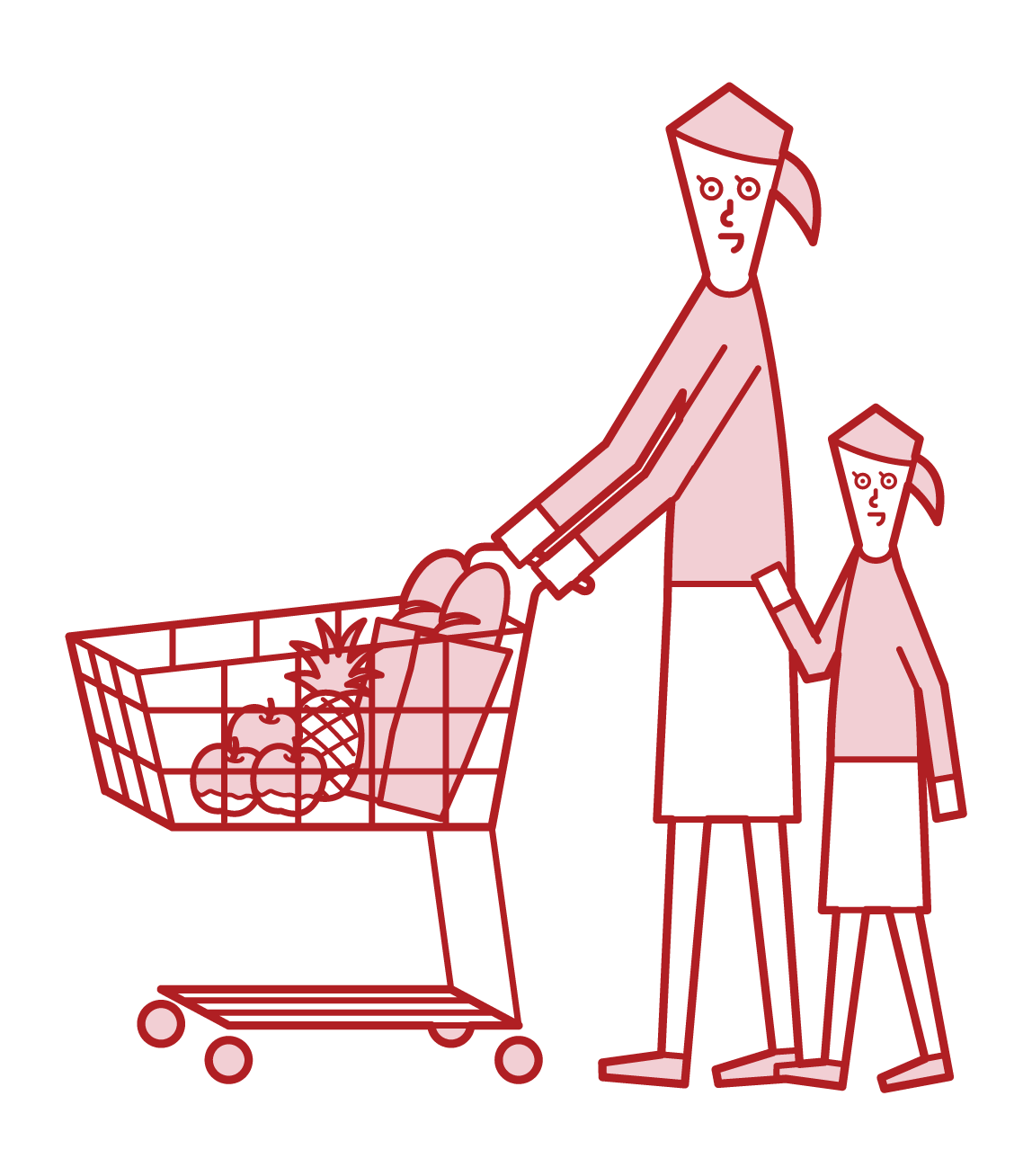 슈퍼마켓에서 쇼핑하는 부모와 자녀의 그림