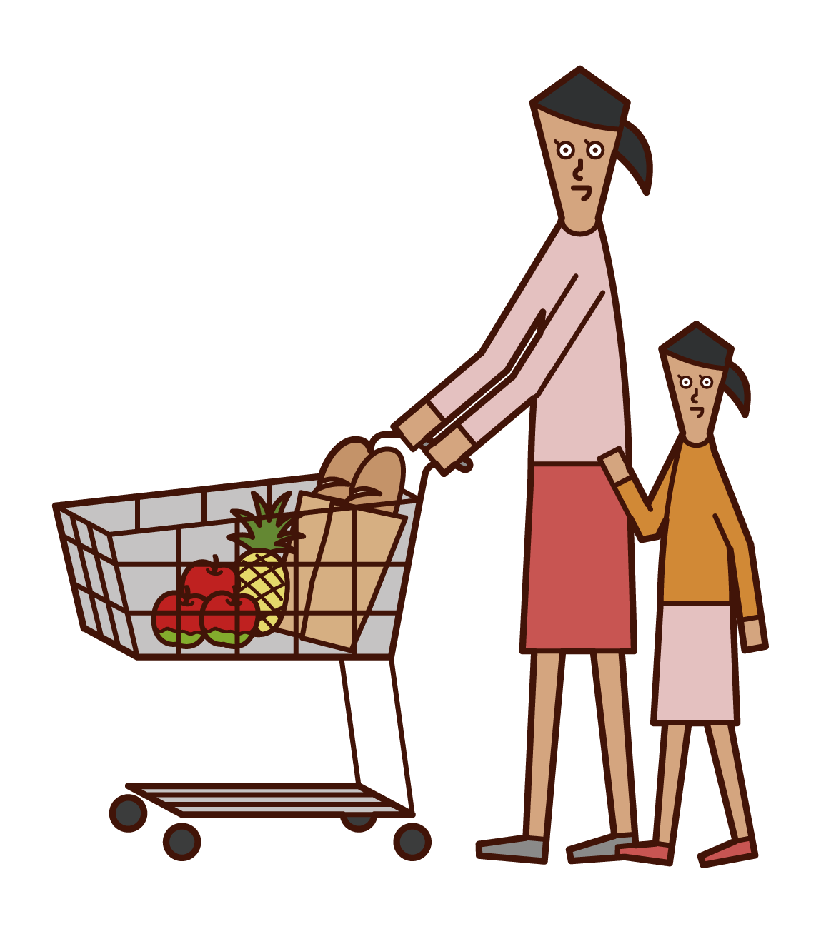 슈퍼마켓에서 쇼핑하는 부모와 자녀의 그림