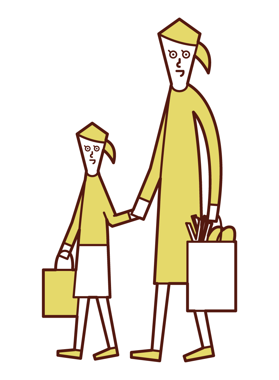 Illustration of parent and child (woman) shopping
