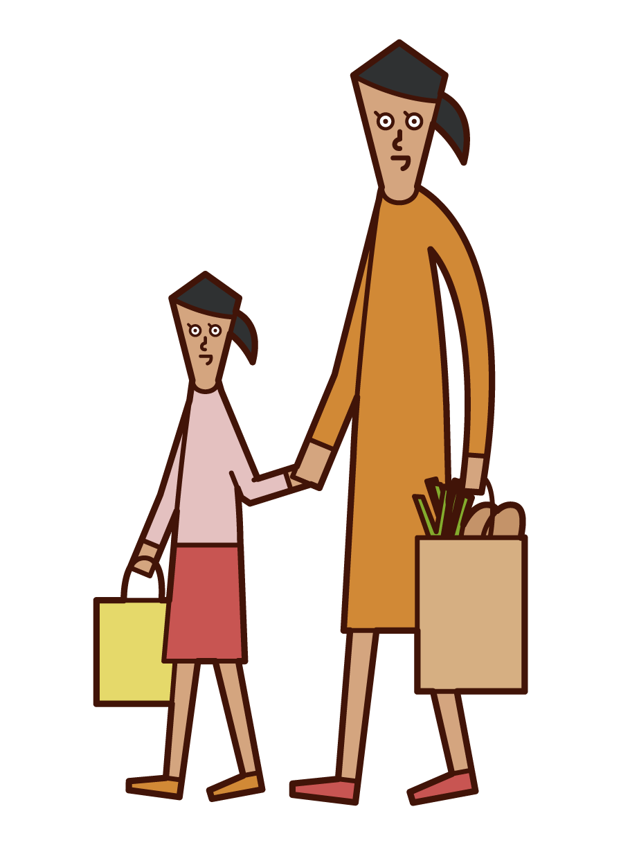 Illustration of parent and child (woman) shopping
