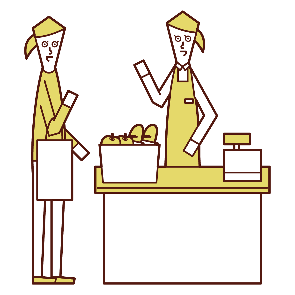 Illustration of a clerk (woman) accounting at a cash register