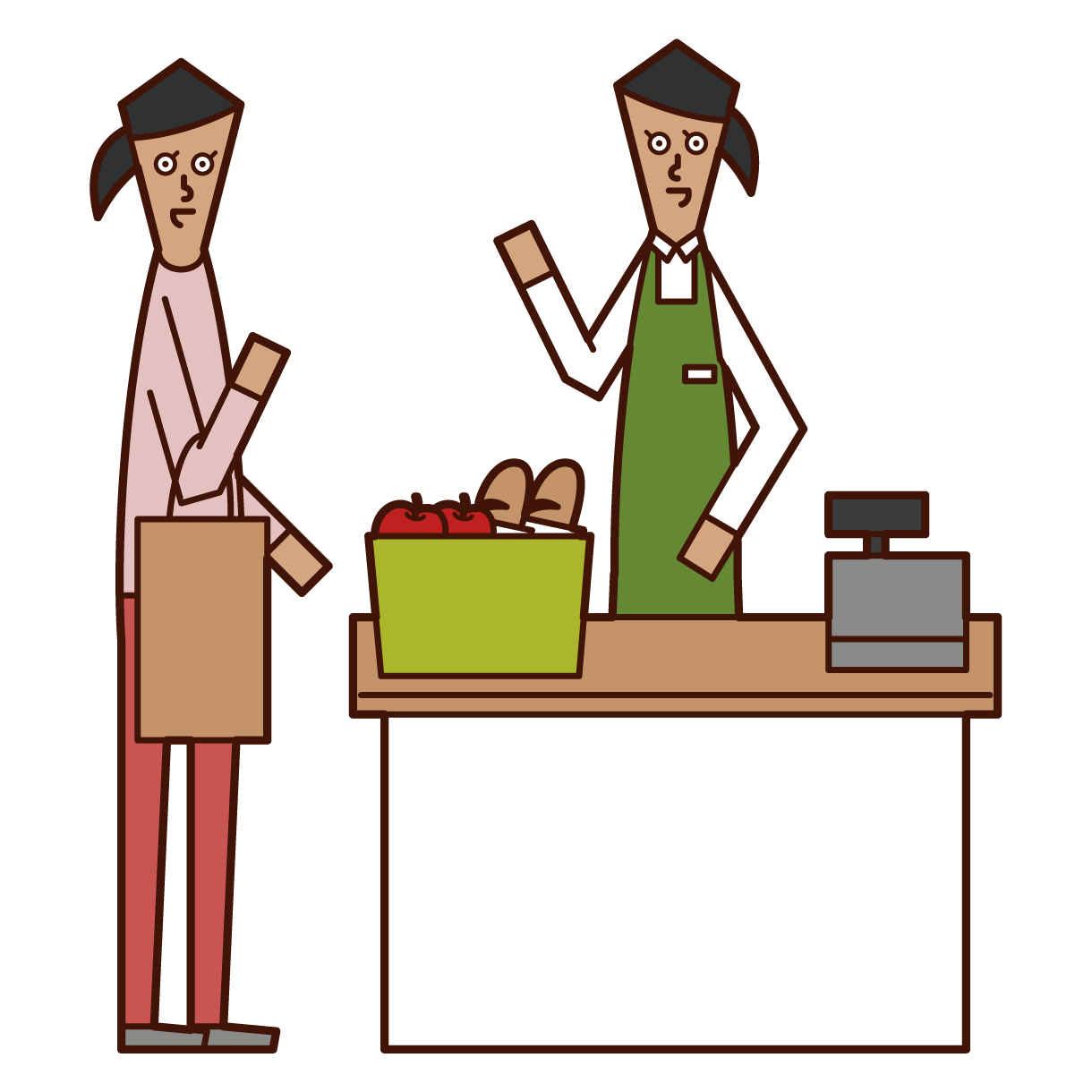 Illustration of a clerk (woman) accounting at a cash register