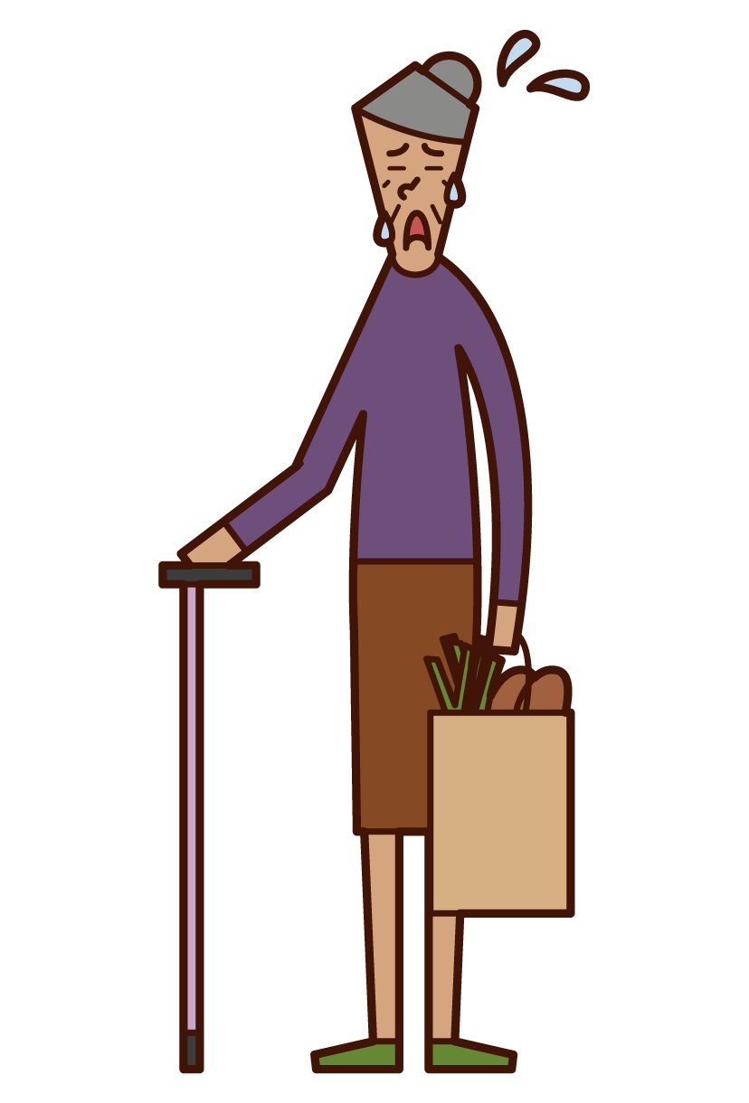Illustration of a tired person (grandmother) going shopping