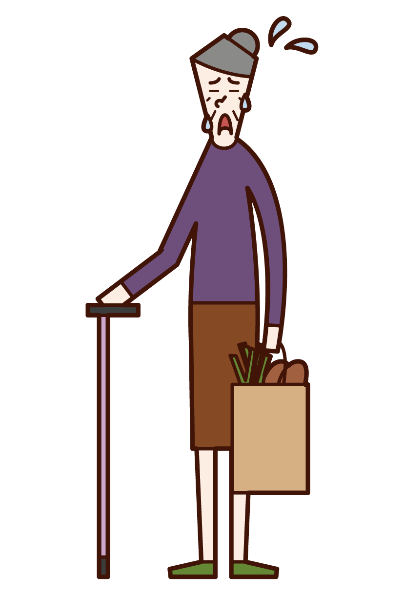 Illustration of a tired person (grandmother) going shopping