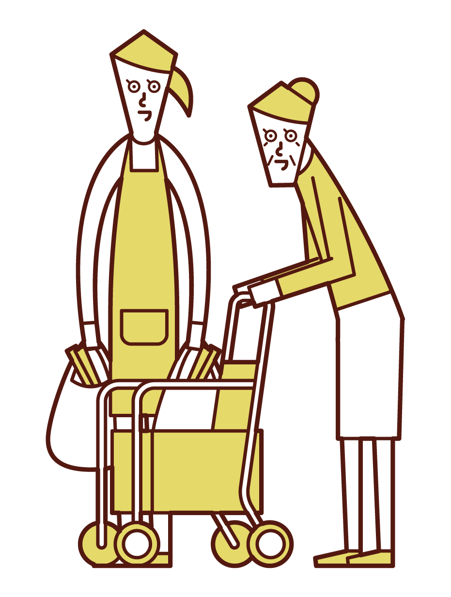 説明老年人購物的護理工作者（女性）的插圖