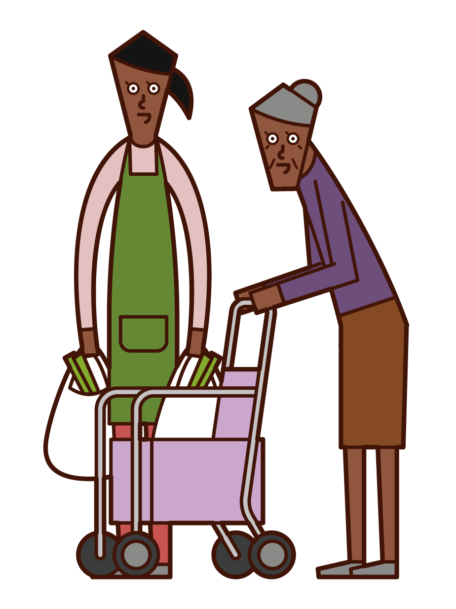 노인들이 쇼핑을 할 수 있도록 돕는 간병인(여성)의 일러스트