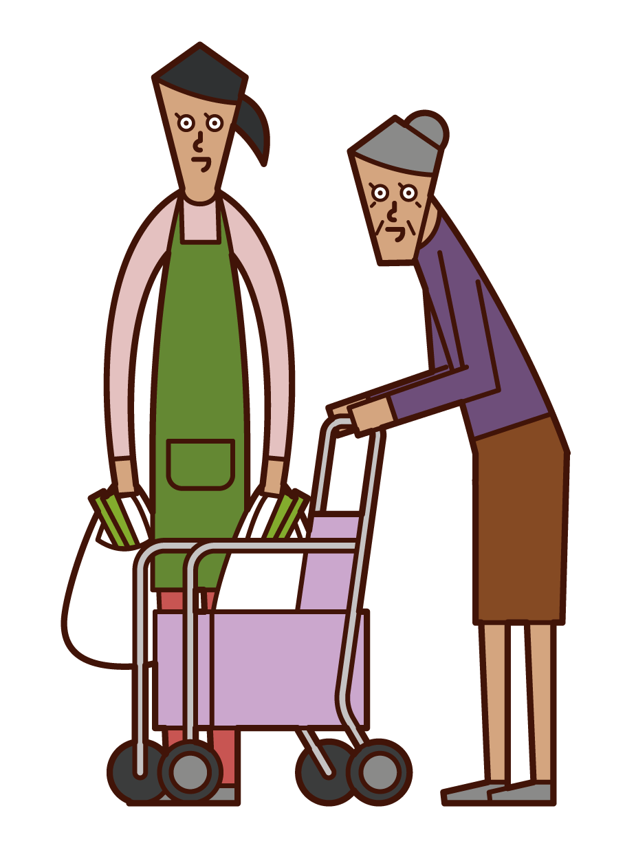 Illustration of care worker (woman) helping elderly people shop