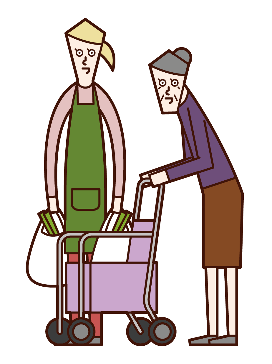 Illustration of care worker (woman) helping elderly people shop