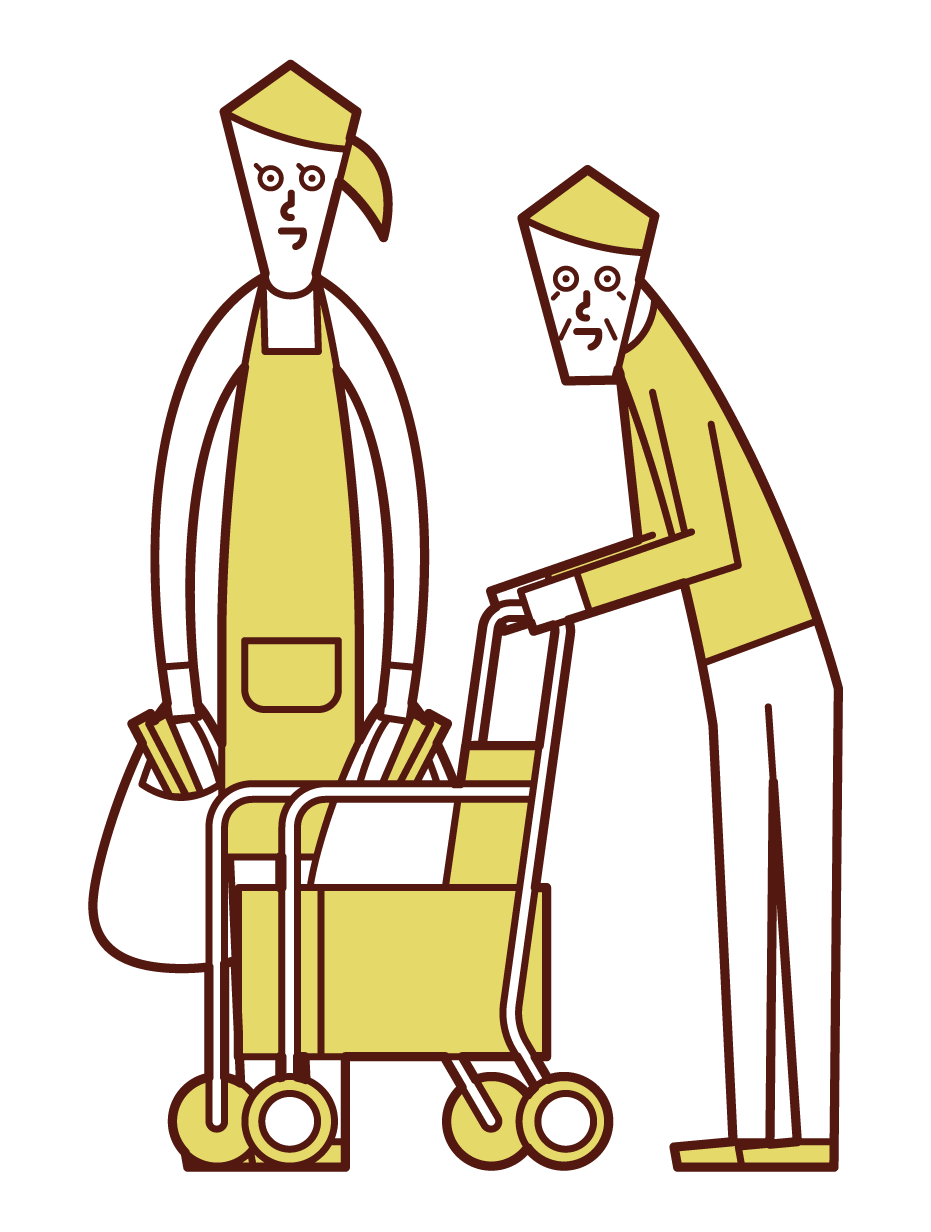 高齢者の買い物を手伝う介護福祉士（男性）のイラスト