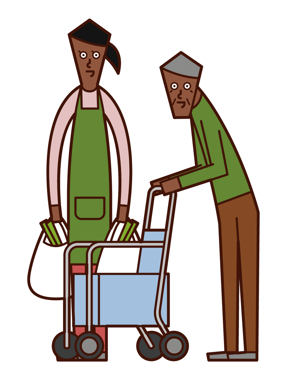 노인들이 쇼핑을 할 수 있도록 돕는 간병인(남성)의 일러스트