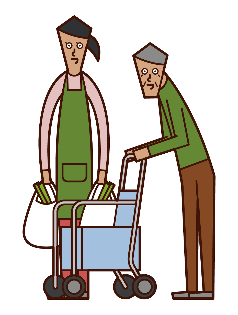 Illustration of care worker (man) helping elderly people shop