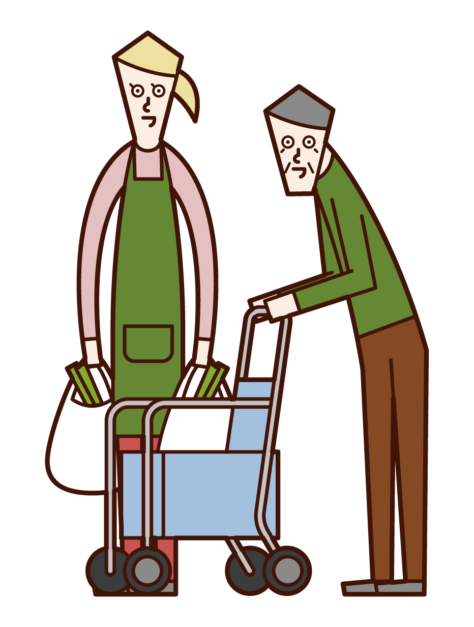 説明老年人購物的護理工作者（男性）的插圖