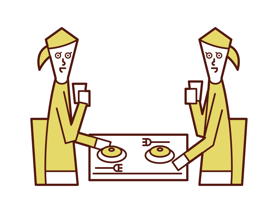 Illustration of people (women) eating and drinking in the store