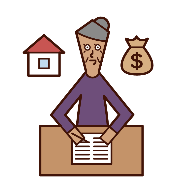 Illustration of an old man who writes a will