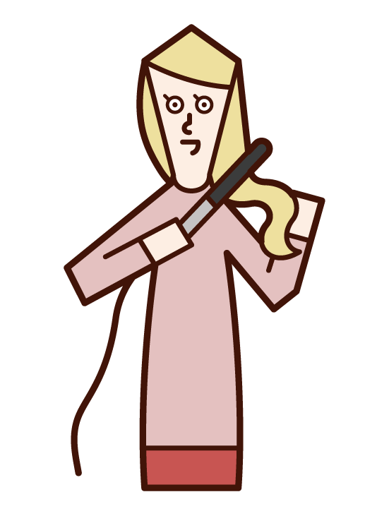 Illustration of a woman who rolls her hair with a hair iron