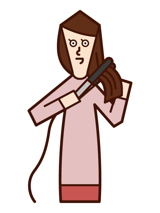 ヘアアイロンで髪をストレートにする人（女性）のイラスト