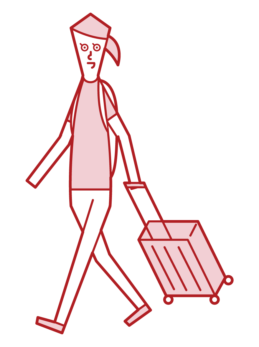 여행 가방으로 여행하는 사람 (여성)의 그림