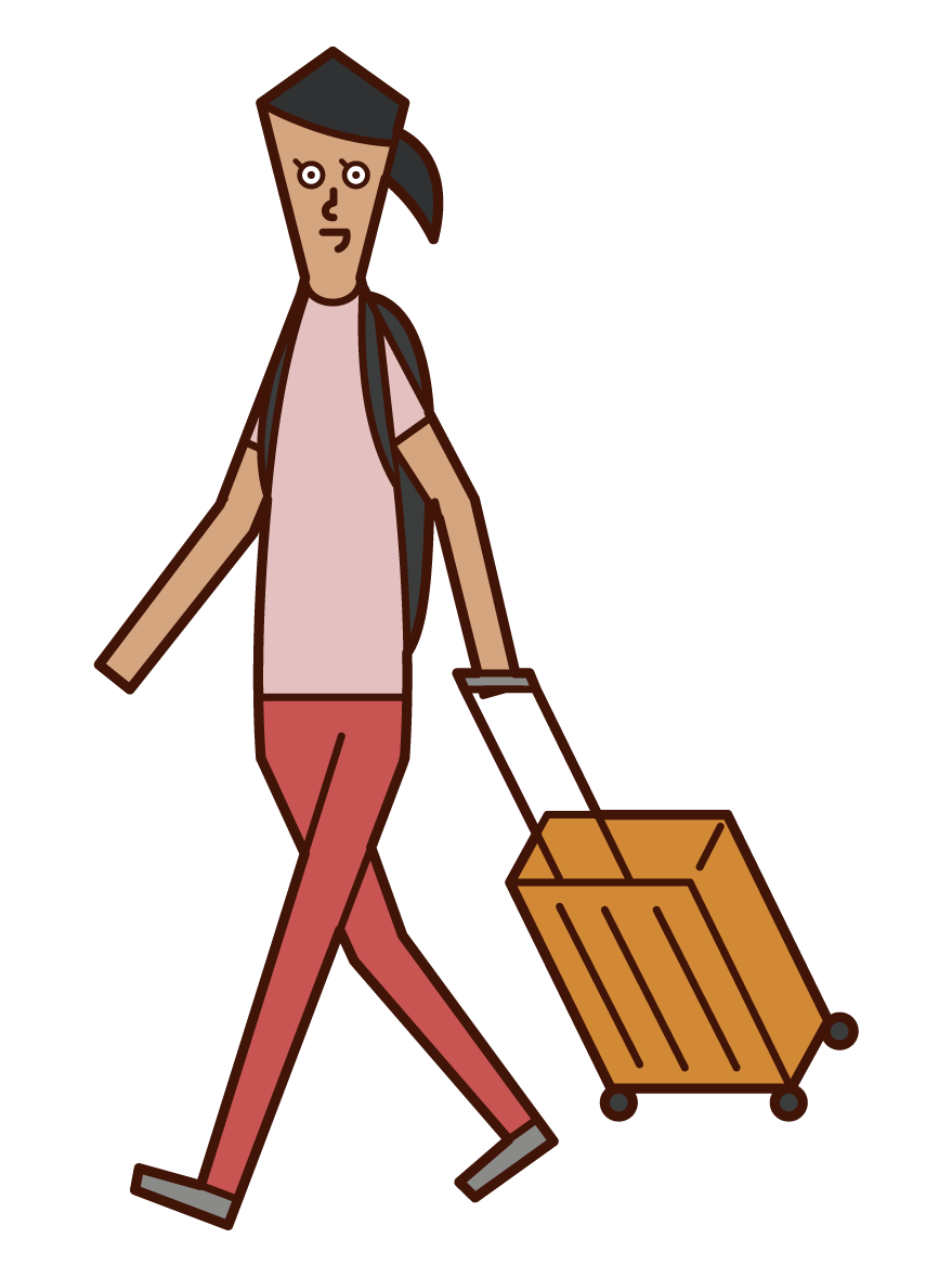 スーツケースを持って旅行に行く人（女性）のイラスト