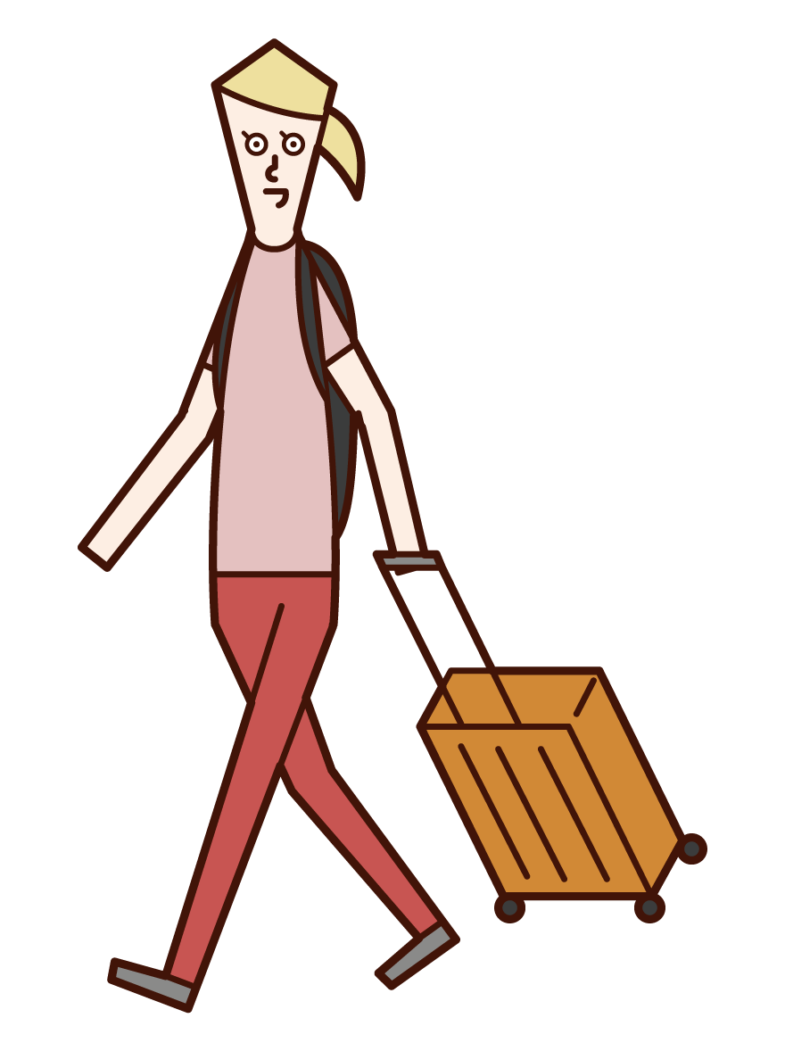 スーツケースを持って旅行に行く人（女性）のイラスト