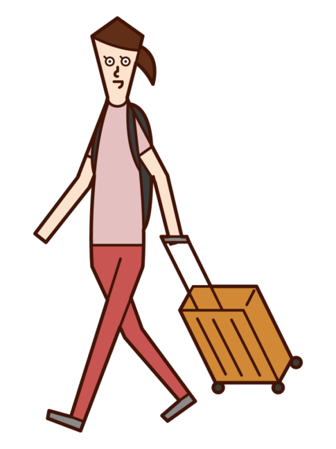 攜帶手提箱旅行的人（女性）的插圖