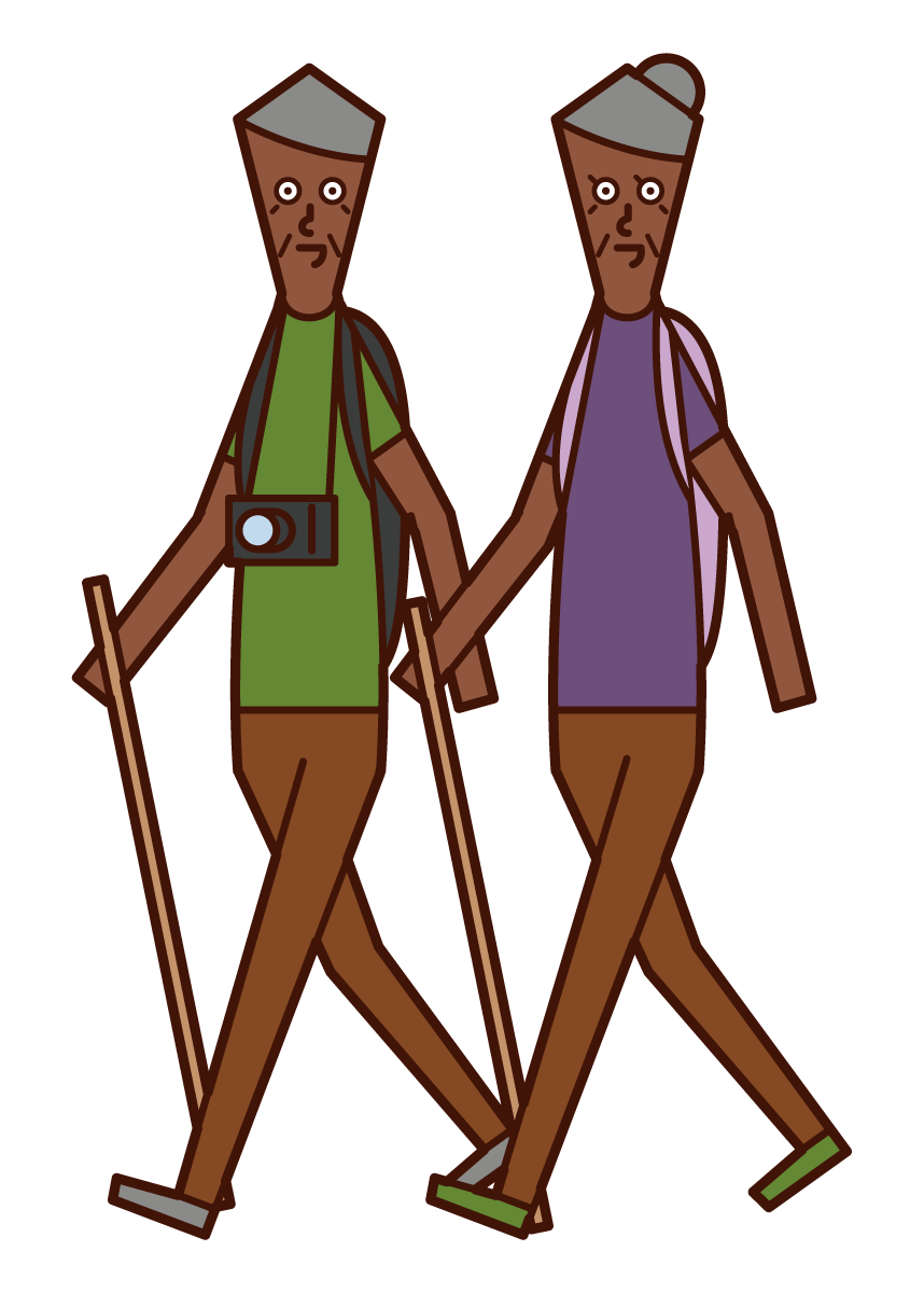 Illustration of an elderly couple enjoying a trip or hiking